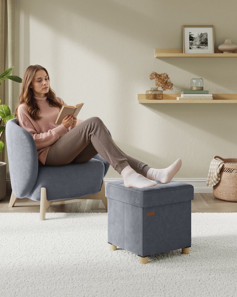 SONGMICS Sitzhocker mit Stauraum, Hocker faltbar, 38 x 38 x 40 cm, Fußhocker 37 L, Aufbewahrungsbox mit Deckel, Samt, bis 300 kg belastbar, schiefergrau – Bild 2 von 5