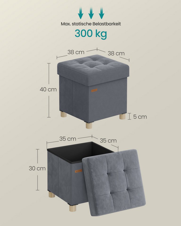 SONGMICS Sitzhocker mit Stauraum, Hocker faltbar, 38 x 38 x 40 cm, Fußhocker 37 L, Aufbewahrungsbox mit Deckel, Samt, bis 300 kg belastbar, schiefergrau – Bild 3 von 5