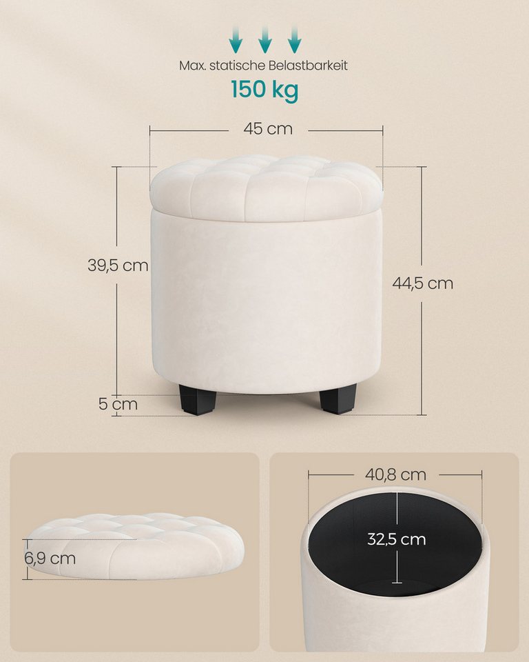 SONGMICS Sitzhocker rund, Fußhocker mit Stauraum, Schminkhocker mit Füßen, bis 150 kg belastbar, für Wohnzimmer Schlafzimmer,45 x 45 x 44,5 cm – Bild 3 von 5