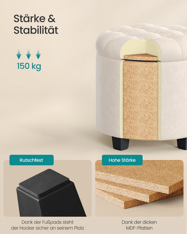 SONGMICS Sitzhocker rund, Fußhocker mit Stauraum, Schminkhocker mit Füßen, bis 150 kg belastbar, für Wohnzimmer Schlafzimmer,45 x 45 x 44,5 cm – Bild 4 von 5