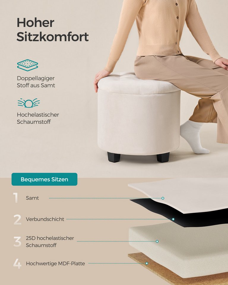 SONGMICS Sitzhocker rund, Fußhocker mit Stauraum, Schminkhocker mit Füßen, bis 150 kg belastbar, für Wohnzimmer Schlafzimmer,45 x 45 x 44,5 cm – Bild 5 von 5