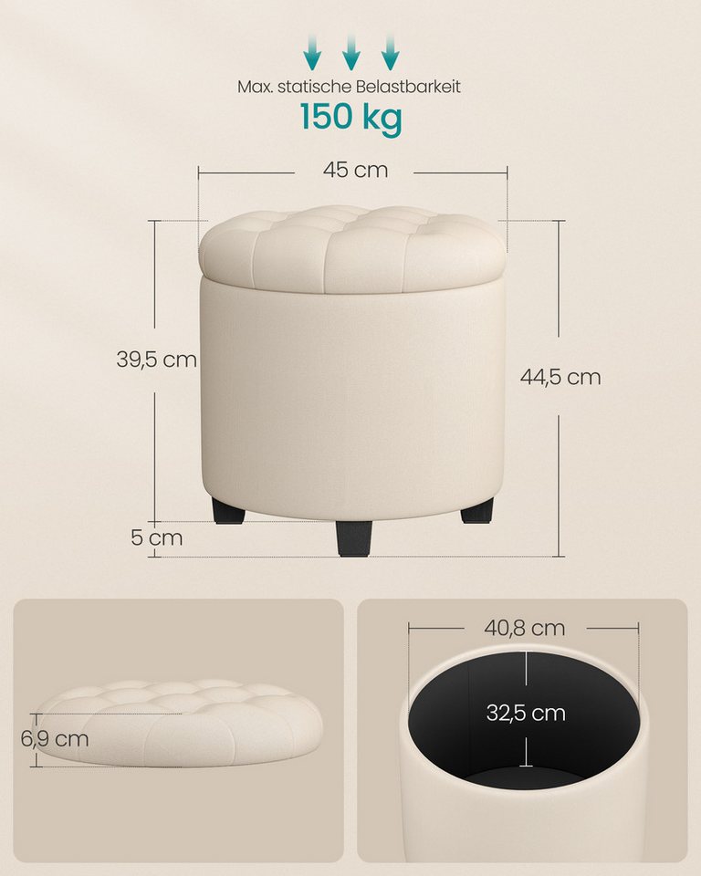 SONGMICS Sitzhocker rund, Fußhocker mit Stauraum, Schminkhocker mit Füßen, bis 150 kg belastbar, für Wohnzimmer Schlafzimmer,45 x 45 x 44,5 cm – Bild 3 von 5