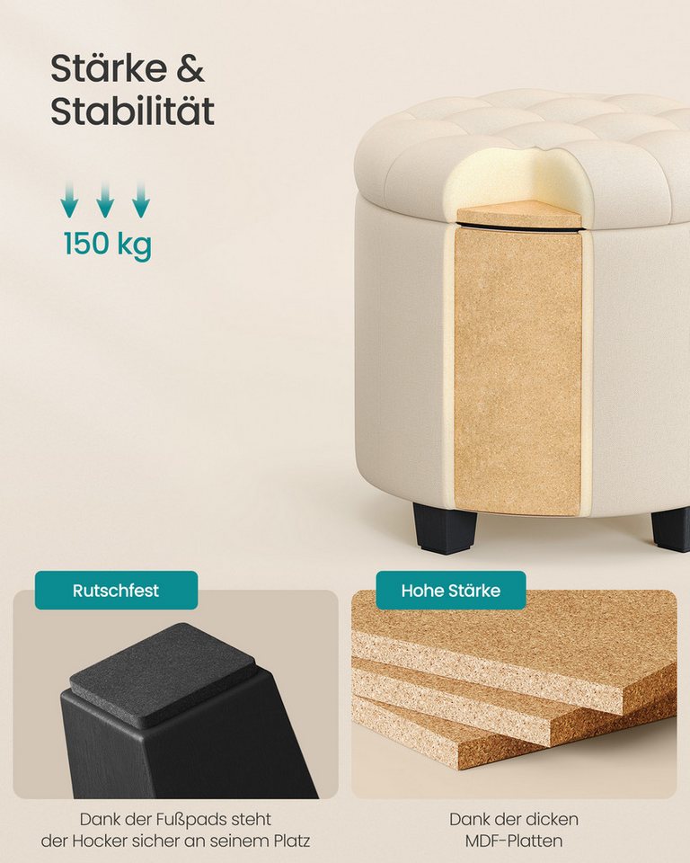 SONGMICS Sitzhocker rund, Fußhocker mit Stauraum, Schminkhocker mit Füßen, bis 150 kg belastbar, für Wohnzimmer Schlafzimmer,45 x 45 x 44,5 cm – Bild 4 von 5