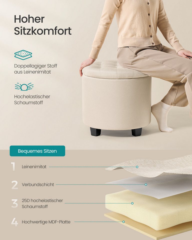SONGMICS Sitzhocker rund, Fußhocker mit Stauraum, Schminkhocker mit Füßen, bis 150 kg belastbar, für Wohnzimmer Schlafzimmer,45 x 45 x 44,5 cm – Bild 5 von 5