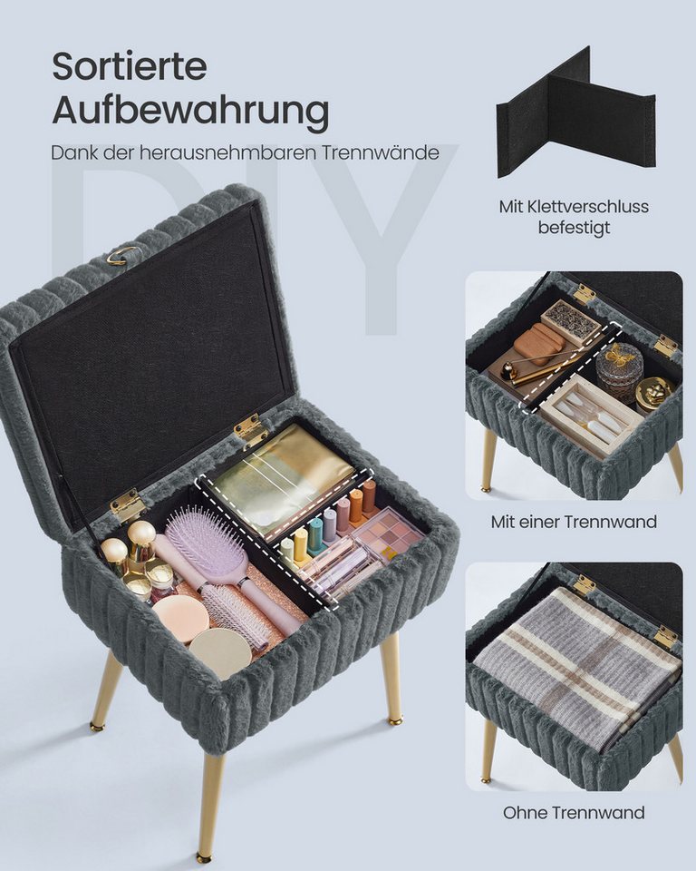 SONGMICS Sitzhocker Schminkhocker, Fußhocker, Wohnzimmer, Schlafzimmer, 30 x 40 x 50 cm (mit Stauraum), Schminktisch-Stuhl, Metallbeine, gepolstert, verstellbar – Bild 4 von 5