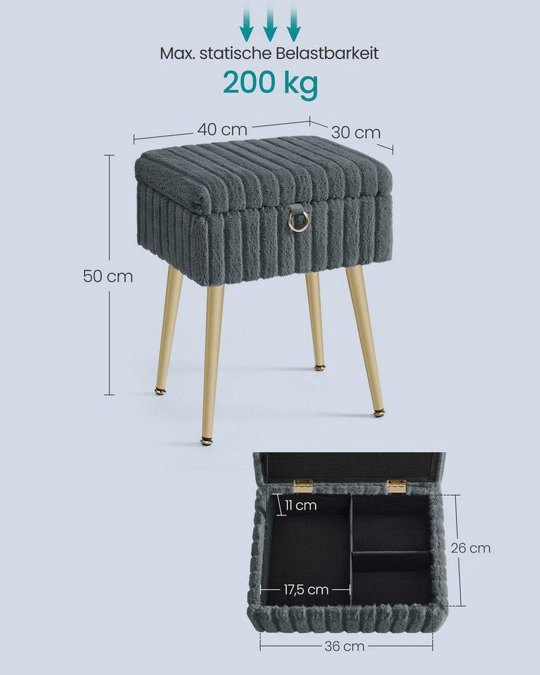 SONGMICS Sitzhocker Schminkhocker, Fußhocker, Wohnzimmer, Schlafzimmer, 30 x 40 x 50 cm (mit Stauraum), Schminktisch-Stuhl, Metallbeine, gepolstert, verstellbar – Bild 5 von 5