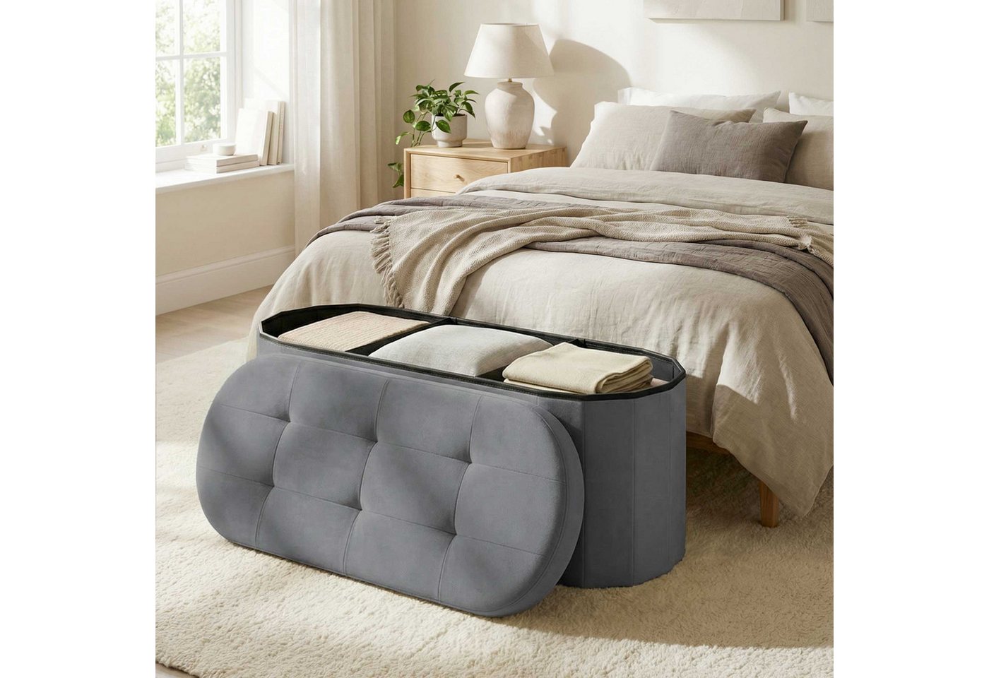 SONGMICS Sitzhocker Sitzbank, für Wohnzimmer, Flur, Schlafzimmer, 110 L, 38 x 110 x 38 cm, mit Stauraum, Aufbewahrungsbox, faltbare, einfacher Aufbau, Samt, gra – Bild 2 von 5