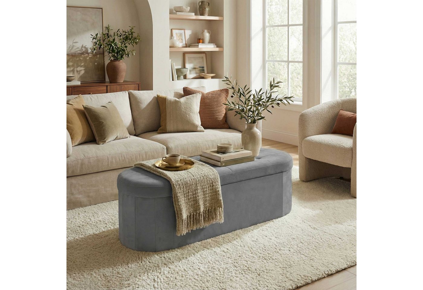 SONGMICS Sitzhocker Sitzbank, für Wohnzimmer, Flur, Schlafzimmer, 110 L, 38 x 110 x 38 cm, mit Stauraum, Aufbewahrungsbox, faltbare, einfacher Aufbau, Samt, gra – Bild 3 von 5