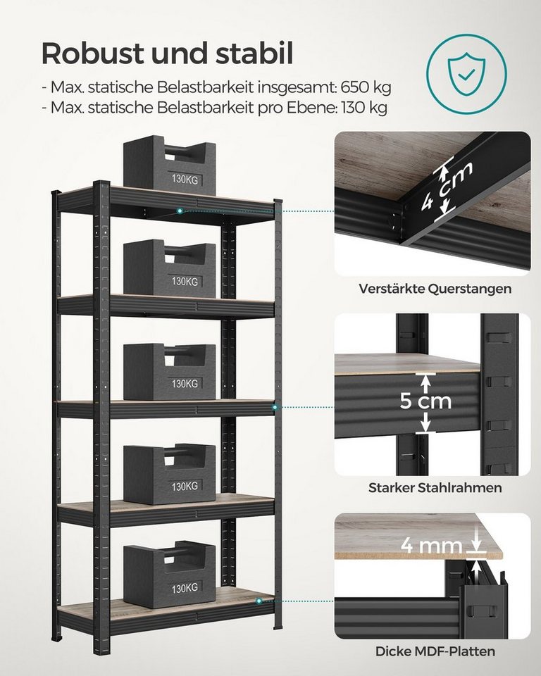 SONGMICS Standregal Bücherregal, Lagerregal, für Küche, Wohnzimmer, 1-tlg., 5 Ablagen, verstellbar, 30 x 75 x 150 cm, bis 650 kg belastbar – Bild 4 von 5