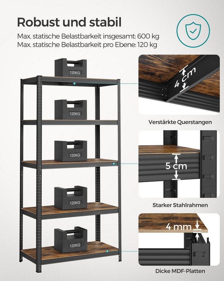 SONGMICS Standregal Bücherregal, Lagerregal, für Küche, Wohnzimmer, 1-tlg., 5 Ablagen, verstellbar, 50 x 100 x 200 cm, bis 600 kg belastbar – Bild 4 von 5