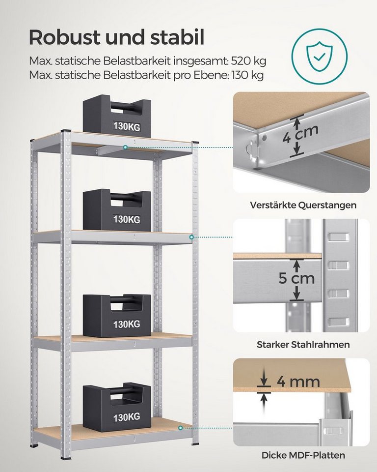SONGMICS Standregal Regal, Lagerregal mit Stahlgestell, 2-tlg., 4 verstellbare Ablagen, bis 520 kg belastbar – Bild 3 von 5