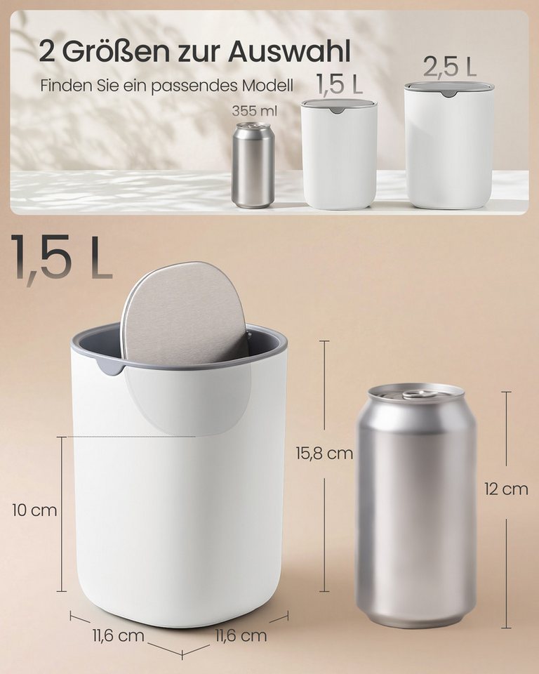 SONGMICS Tischrestebehälter Tischmülleimer Mini Mülleimer mit Deckel, 1,5 L, aus Edelstahl, für Bad, Kosmetikeimer, Tischabfalleimer, Auto – Bild 3 von 5