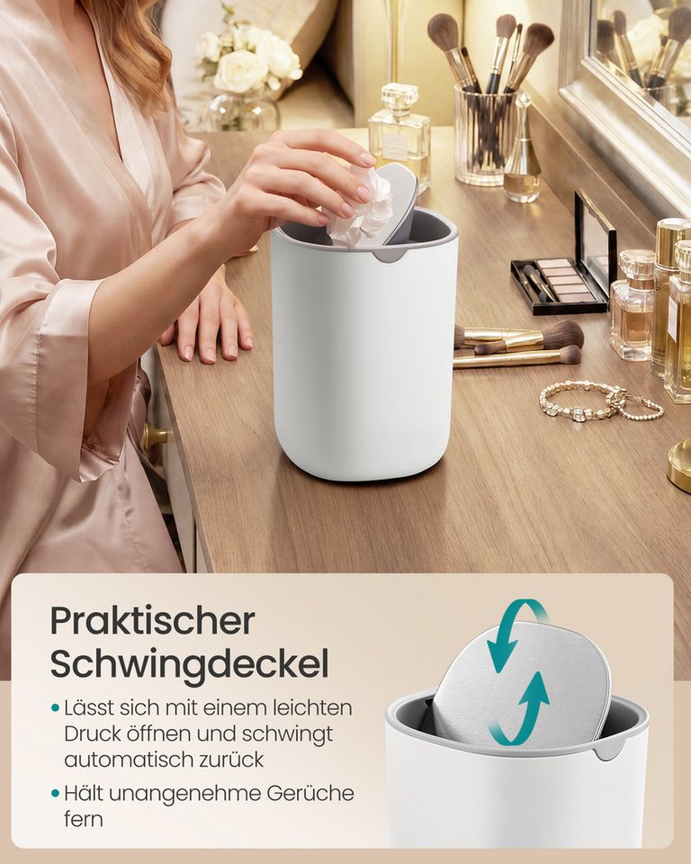 SONGMICS Tischrestebehälter Tischmülleimer Mini Mülleimer mit Deckel, 1,5 L, aus Edelstahl, für Bad, Kosmetikeimer, Tischabfalleimer, Auto – Bild 5 von 5