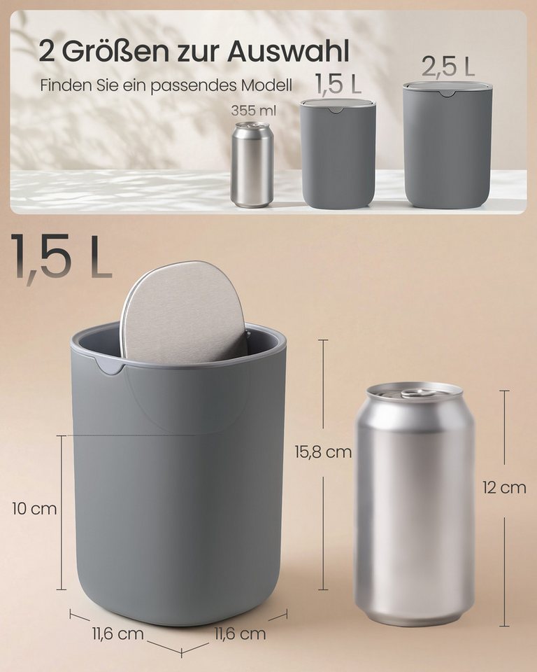 SONGMICS Tischrestebehälter Tischmülleimer Mini Mülleimer mit Deckel, 1,5 L, aus Edelstahl, für Bad, Kosmetikeimer, Tischabfalleimer, Auto – Bild 3 von 5