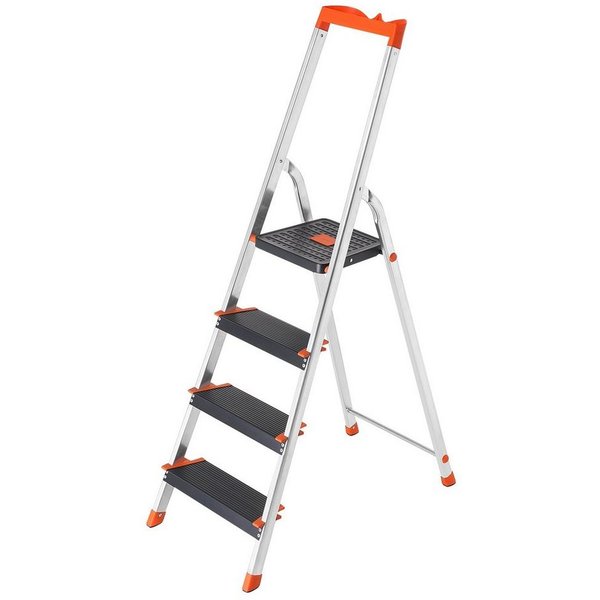 SONGMICS Trittleiter Aluleiter, 12 cm breite Stufen mit Riffelung, Anti-Rutsch-Füße, mit Handlauf, bis 150 kg belastbar, Leiter mit 4 Stufen
