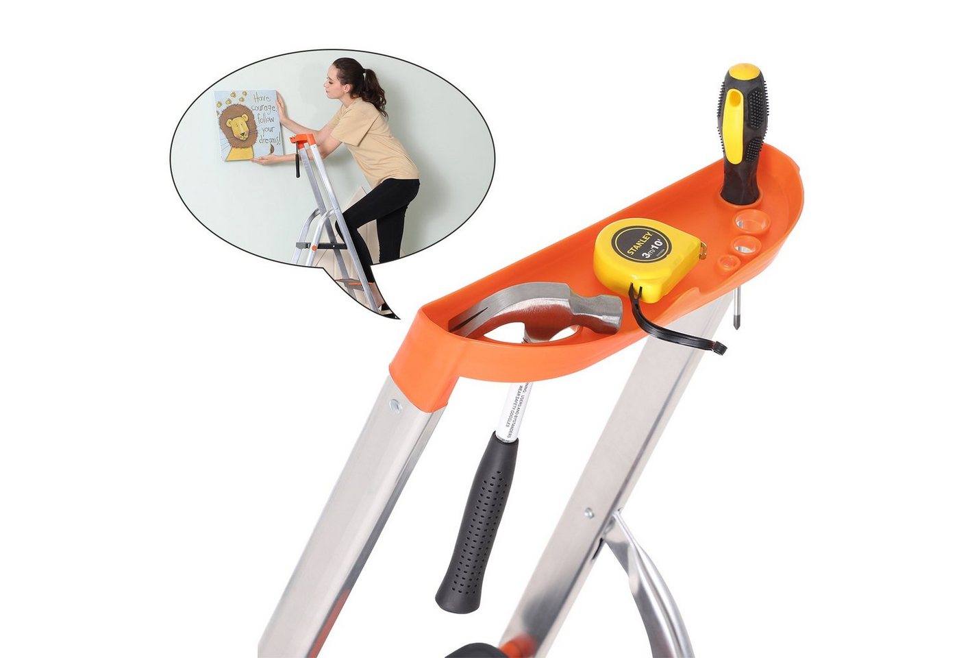 SONGMICS Trittleiter Aluleiter, 12 cm breite Stufen mit Riffelung, Anti-Rutsch-Füße, mit Handlauf, bis 150 kg belastbar, Leiter mit 4 Stufen – Bild 2 von 5