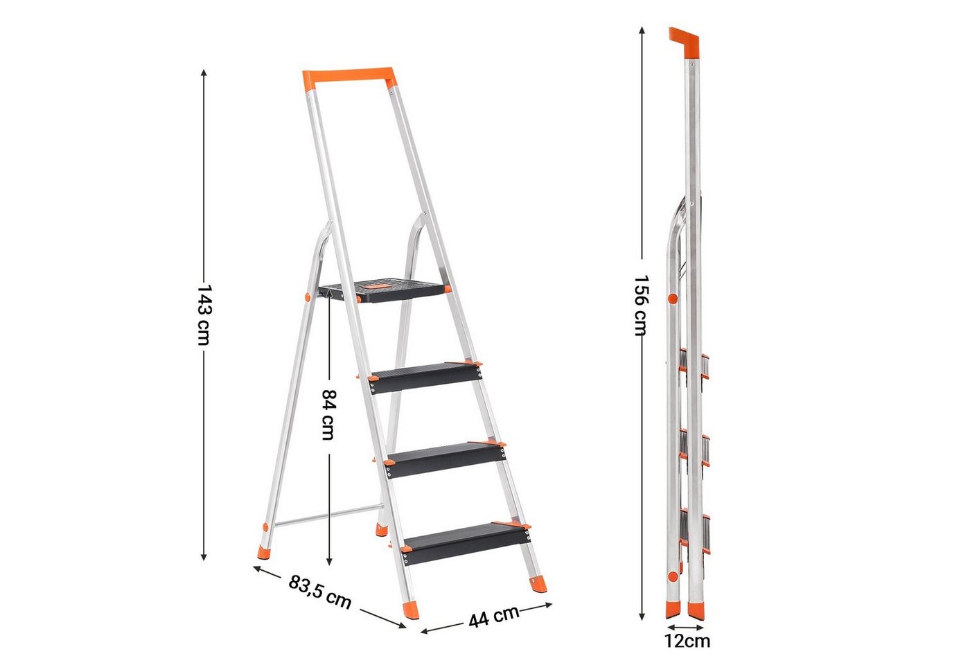 SONGMICS Trittleiter Aluleiter, 12 cm breite Stufen mit Riffelung, Anti-Rutsch-Füße, mit Handlauf, bis 150 kg belastbar, Leiter mit 4 Stufen – Bild 3 von 5