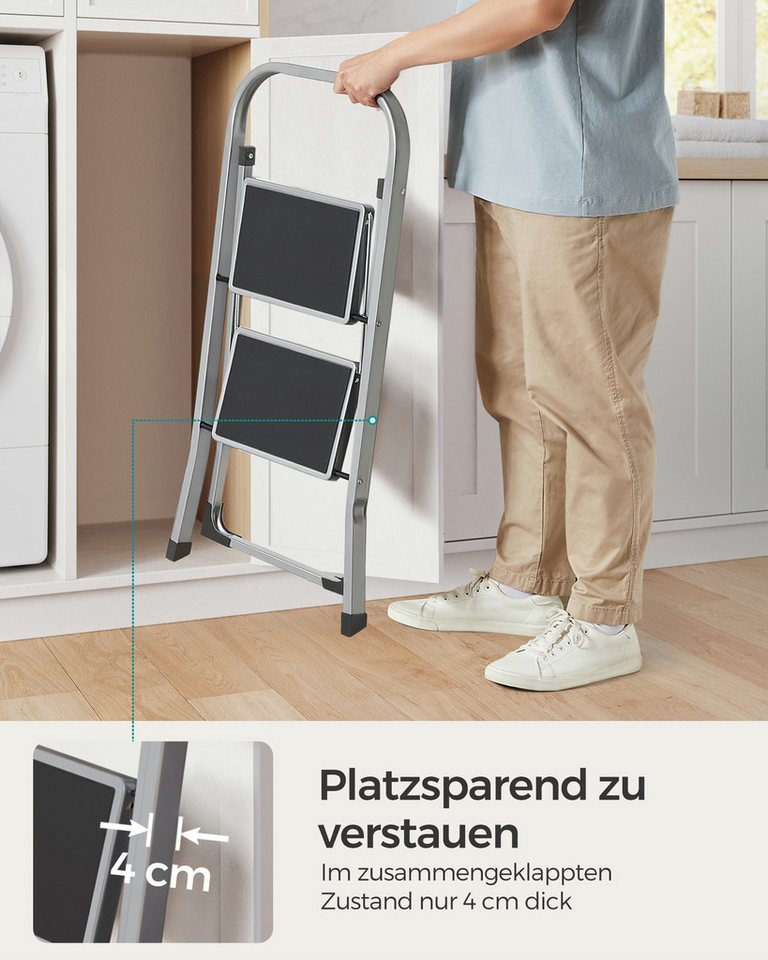 SONGMICS Trittleiter Klapptritt, Klappsicherung, Leiter mit 2 Stufen, Klapptritt, bis 150 kg belastbar – Bild 3 von 5