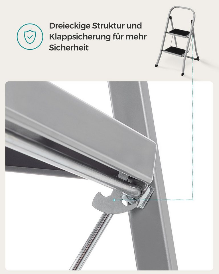 SONGMICS Trittleiter Klapptritt, Klappsicherung, Leiter mit 2 Stufen, Klapptritt, bis 150 kg belastbar – Bild 4 von 5
