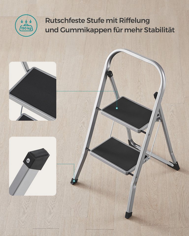 SONGMICS Trittleiter Klapptritt, Klappsicherung, Leiter mit 2 Stufen, Klapptritt, bis 150 kg belastbar – Bild 5 von 5