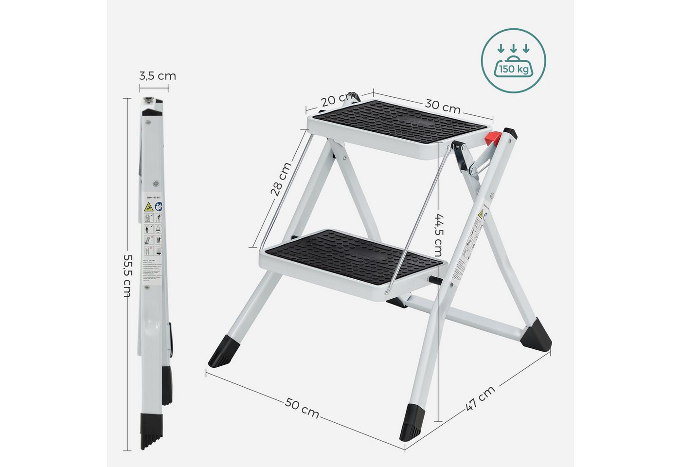 SONGMICS Trittleiter Klapptritt, Leiter mit 2 Stufen, einfach zu verstauen, bis 150 kg – Bild 5 von 5