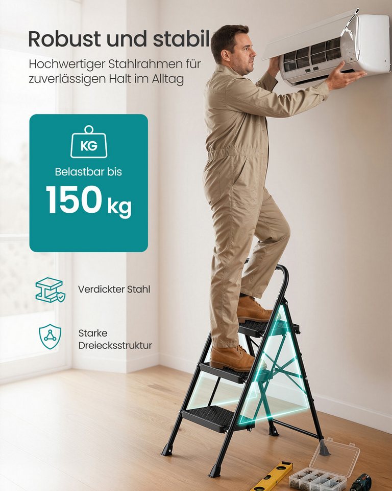 SONGMICS Trittleiter Klapptritt Klappbar, 2 Rutschfeste Stufen, bis 150 kg Belastbar, 114 x 45,5 x 7,5 cm, Haushaltsleiter – Bild 2 von 5