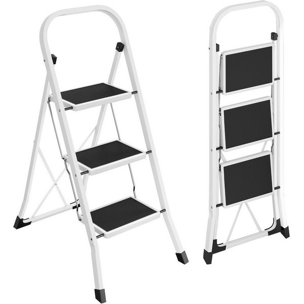 SONGMICS Trittleiter Leiter, Klappsicherung, einfach zu verstauen, bis 150 kg belastbar, mit 3 Stufen, Klapptritt, 74,5 x 46,5 x 105 cm (T x B x H)