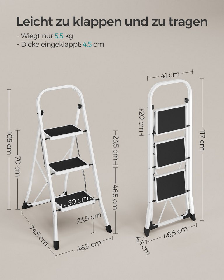 SONGMICS Trittleiter Leiter, Klappsicherung, einfach zu verstauen, bis 150 kg belastbar, mit 3 Stufen, Klapptritt, 74,5 x 46,5 x 105 cm (T x B x H) – Bild 2 von 5