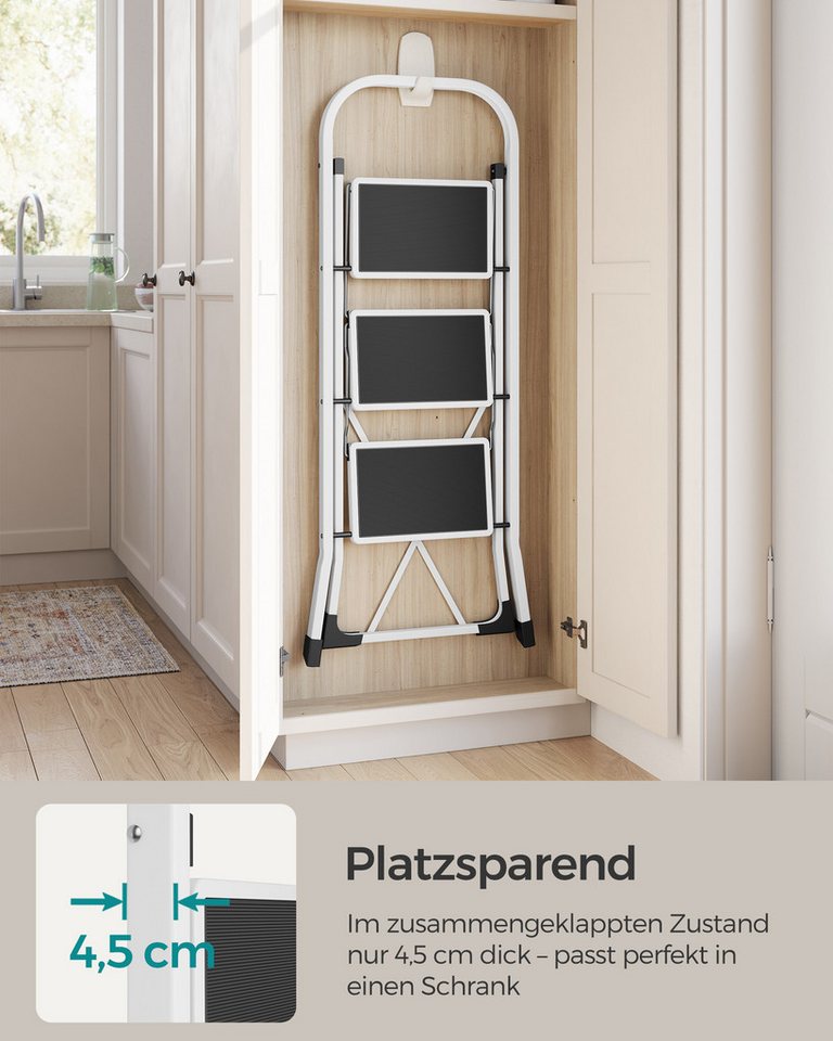 SONGMICS Trittleiter Leiter, Klappsicherung, einfach zu verstauen, bis 150 kg belastbar, mit 3 Stufen, Klapptritt, 74,5 x 46,5 x 105 cm (T x B x H) – Bild 3 von 5