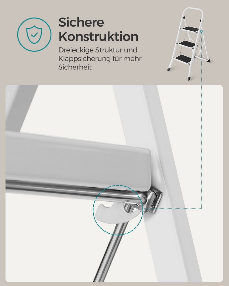 SONGMICS Trittleiter Leiter, Klappsicherung, einfach zu verstauen, bis 150 kg belastbar, mit 3 Stufen, Klapptritt, 74,5 x 46,5 x 105 cm (T x B x H) – Bild 4 von 5