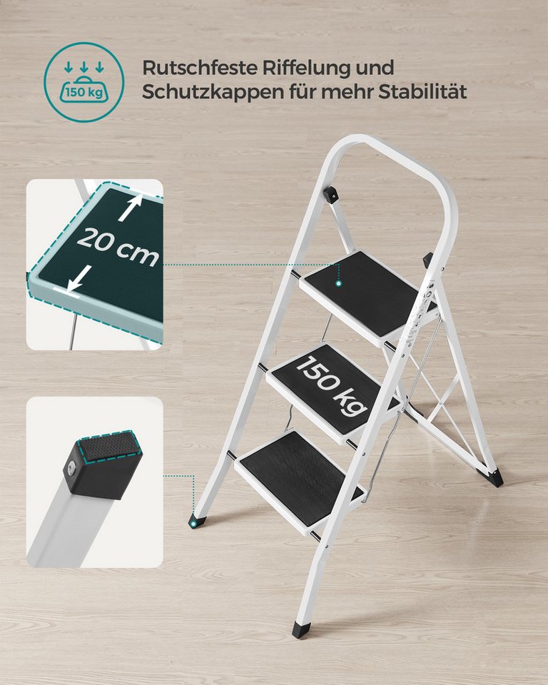 SONGMICS Trittleiter Leiter, Klappsicherung, einfach zu verstauen, bis 150 kg belastbar, mit 3 Stufen, Klapptritt, 74,5 x 46,5 x 105 cm (T x B x H) – Bild 5 von 5