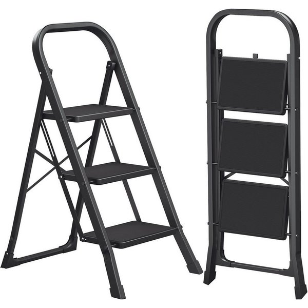 SONGMICS Trittleiter Leiter, Klappsicherung, einfach zu verstauen, bis 150 kg belastbar, mit 3 Stufen, Klapptritt, 74,5 x 46,5 x 105 cm (T x B x H)