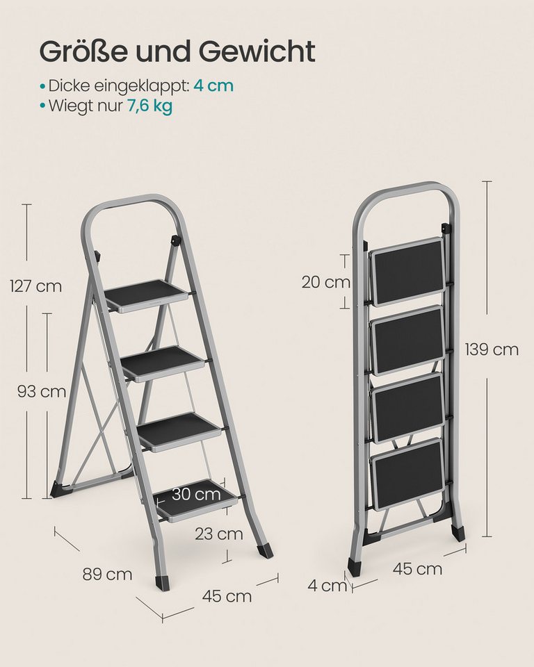 SONGMICS Trittleiter Leiter, Klappsicherung, einfach zu verstauen, bis 150 kg belastbar, mit 4 Stufen, Klapptritt, 89 x 45 x 127 cm (T x B x H) – Bild 2 von 5