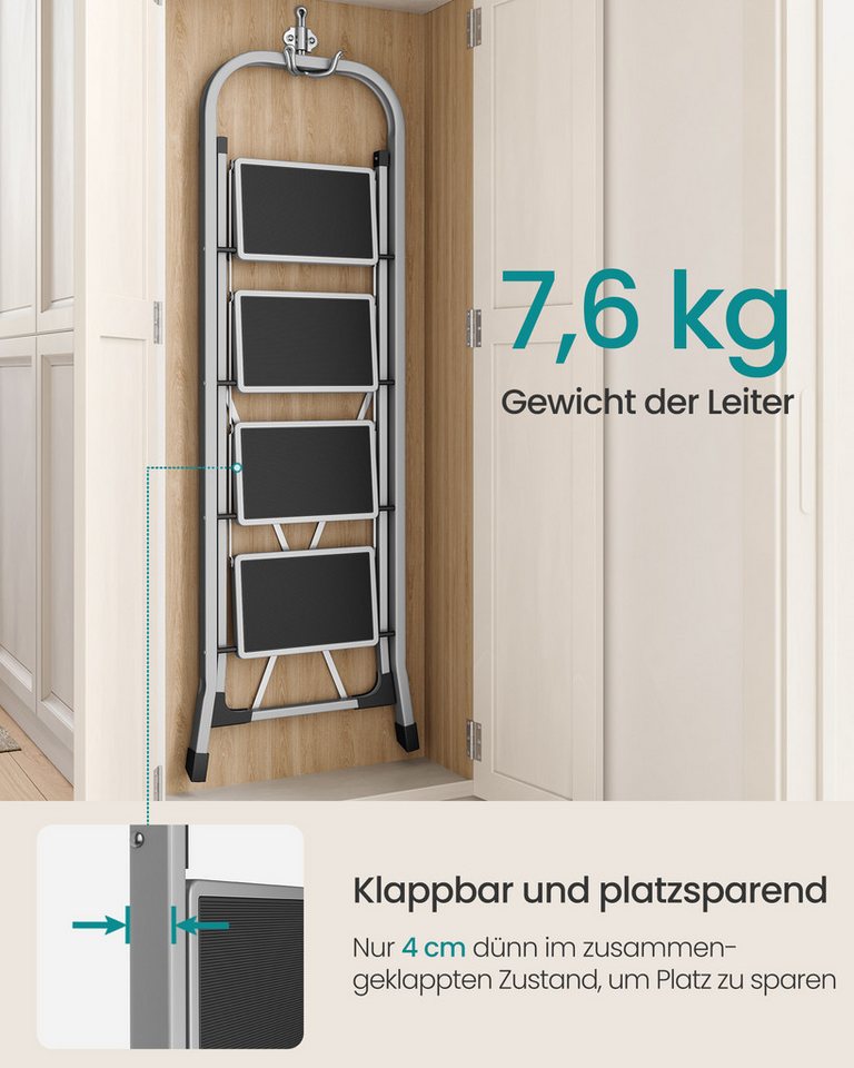 SONGMICS Trittleiter Leiter, Klappsicherung, einfach zu verstauen, bis 150 kg belastbar, mit 4 Stufen, Klapptritt, 89 x 45 x 127 cm (T x B x H) – Bild 3 von 5