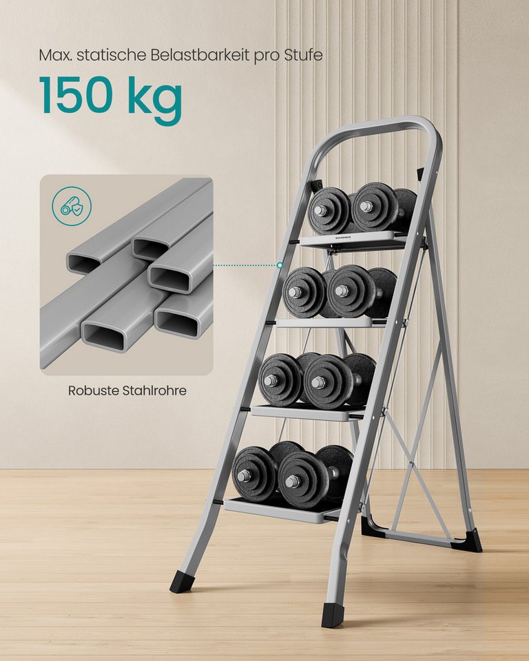 SONGMICS Trittleiter Leiter, Klappsicherung, einfach zu verstauen, bis 150 kg belastbar, mit 4 Stufen, Klapptritt, 89 x 45 x 127 cm (T x B x H) – Bild 4 von 5