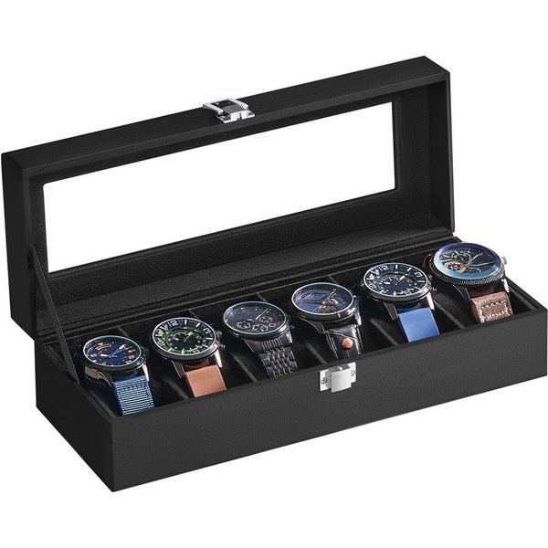 SONGMICS Uhrenbox Uhrenkasten, herausnehmbare Uhrenkissen, Geschenkidee, Glasdeckel, PU-Bezug, Samtfutter, 6 Fächern, 11,2 x 30 x 8 cm