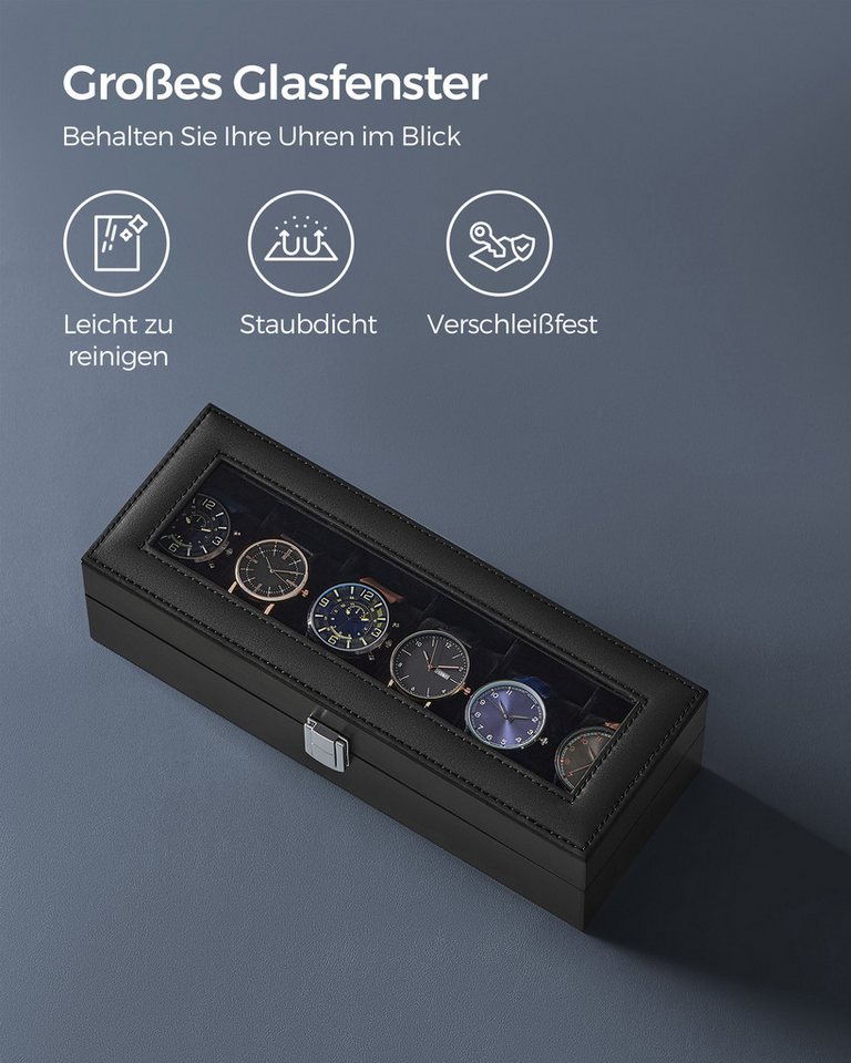 SONGMICS Uhrenbox Uhrenkasten, herausnehmbare Uhrenkissen, Geschenkidee, Glasdeckel, PU-Bezug, Samtfutter, 6 Fächern, 11,2 x 30 x 8 cm – Bild 2 von 5