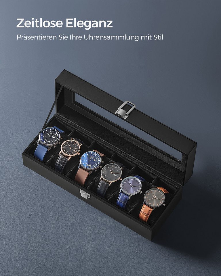 SONGMICS Uhrenbox Uhrenkasten, herausnehmbare Uhrenkissen, Geschenkidee, Glasdeckel, PU-Bezug, Samtfutter, 6 Fächern, 11,2 x 30 x 8 cm – Bild 3 von 5