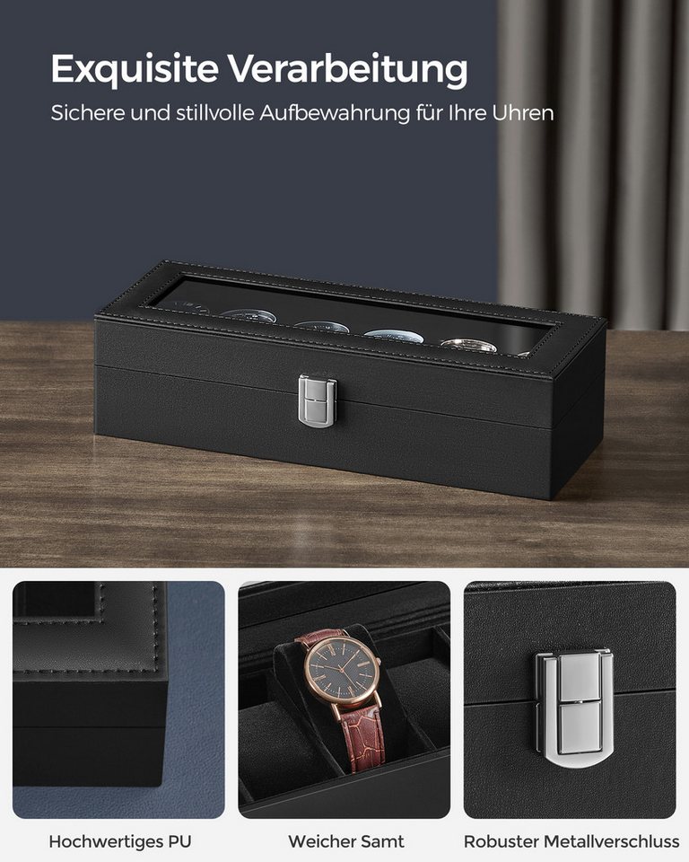 SONGMICS Uhrenbox Uhrenkasten, herausnehmbare Uhrenkissen, Geschenkidee, Glasdeckel, PU-Bezug, Samtfutter, 6 Fächern, 11,2 x 30 x 8 cm – Bild 4 von 5