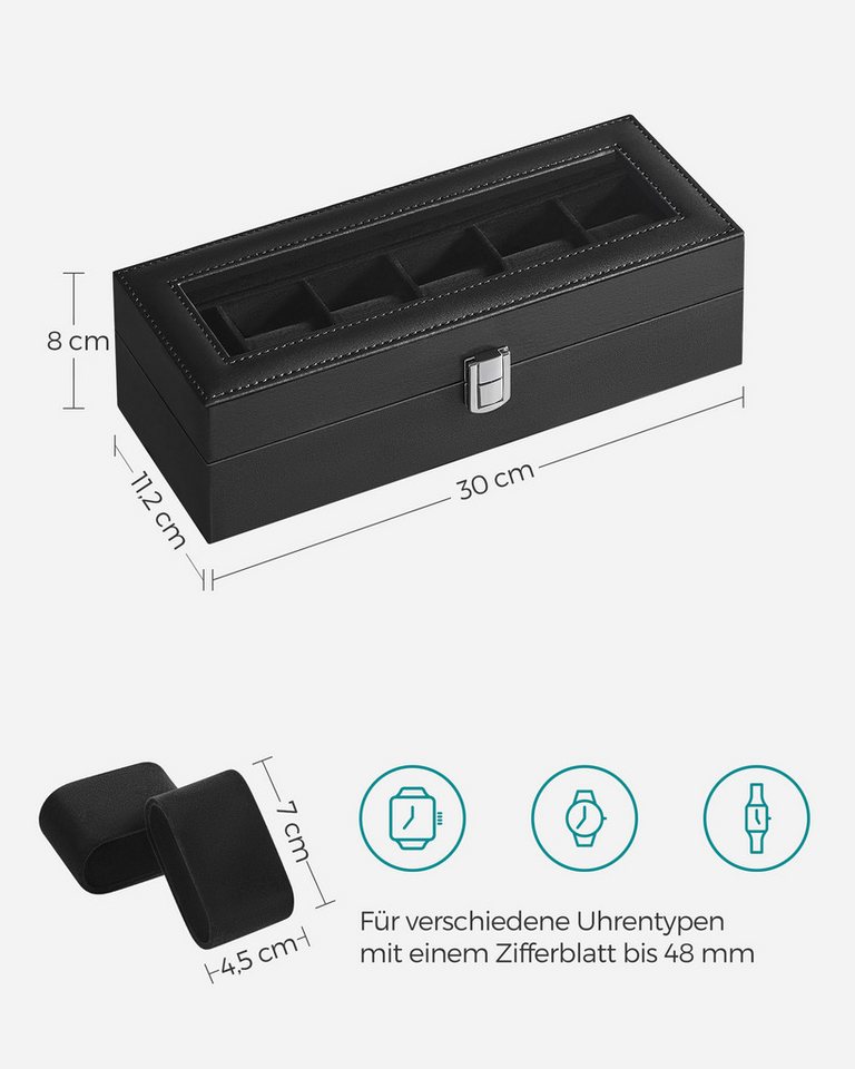 SONGMICS Uhrenbox Uhrenkasten, herausnehmbare Uhrenkissen, Geschenkidee, Glasdeckel, PU-Bezug, Samtfutter, 6 Fächern, 11,2 x 30 x 8 cm – Bild 5 von 5