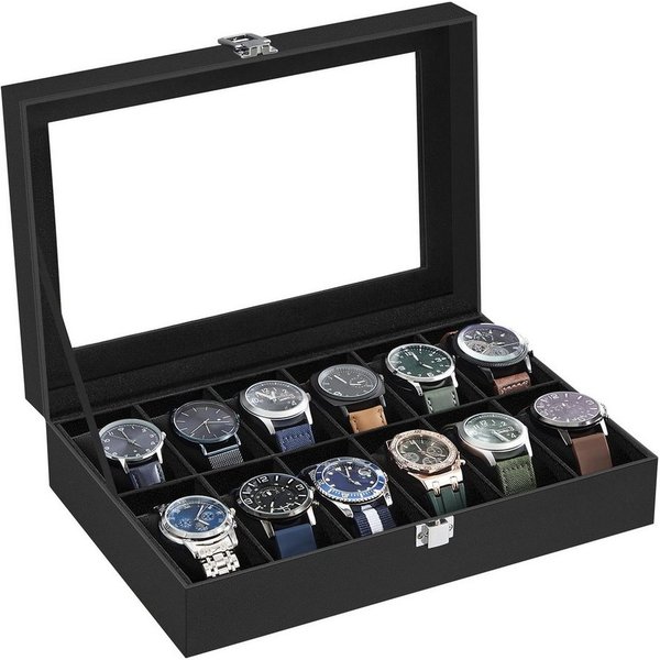 SONGMICS Uhrenbox Uhrenkasten, Premium-Uhrenschatulle, Herausnehmbare Kissen, herausnehmbaren Uhrenkissen, PU-Bezug in Schwarz,Samtfutter in Schwarz