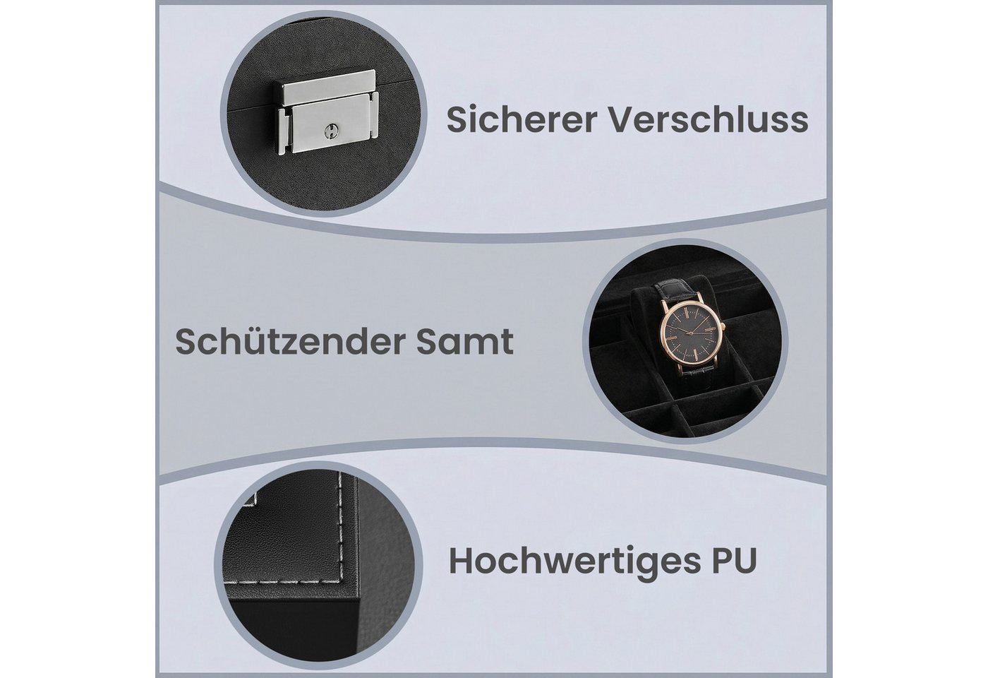 SONGMICS Uhrenbox Uhrenkasten, Schmuckaufbewahrung, mit 8 Fächern, Glasdeckel, Uhrenkissen, 27 x 20 x 13 cm (L x B x H) – Bild 4 von 5