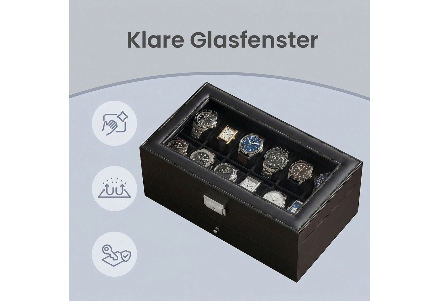 SONGMICS Uhrenbox Uhrenkasten, Schmuckaufbewahrung, mit 8 Fächern, Glasdeckel, Uhrenkissen, 27 x 20 x 13 cm (L x B x H) – Bild 5 von 5