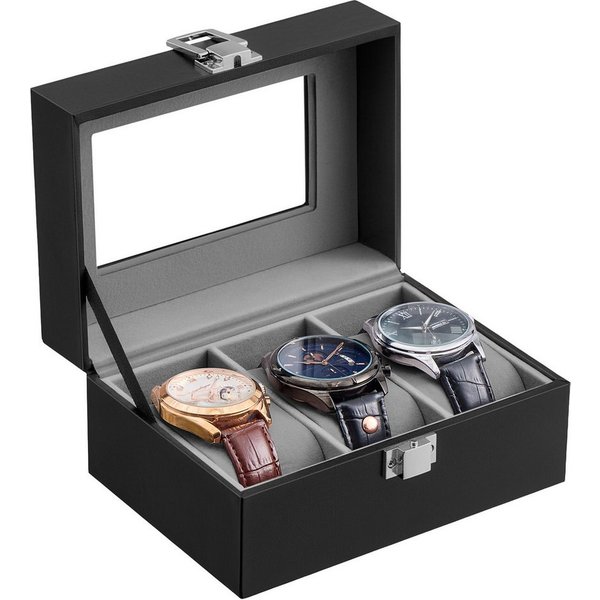 SONGMICS Uhrenbox Uhrenkasten, herausnehmbare Uhrenkissen, Geschenkidee, Glasdeckel, PU-Bezug, Samtfutter, 3 Fächern, 15,5 x 11 x 7,9 cm