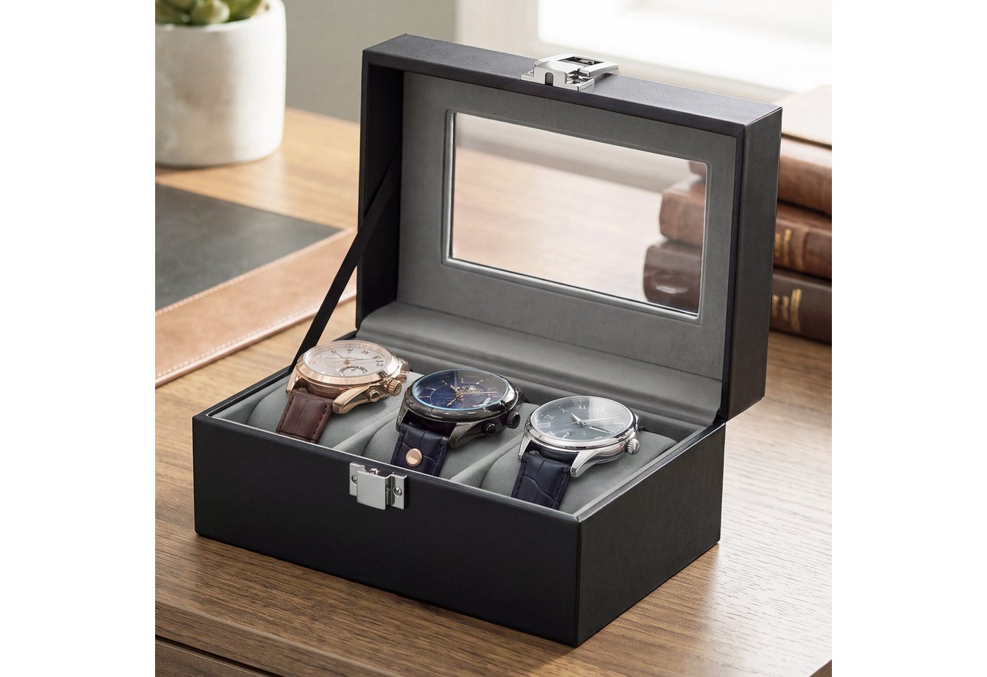 SONGMICS Uhrenbox Uhrenkasten, herausnehmbare Uhrenkissen, Geschenkidee, Glasdeckel, PU-Bezug, Samtfutter, 3 Fächern, 15,5 x 11 x 7,9 cm – Bild 2 von 5
