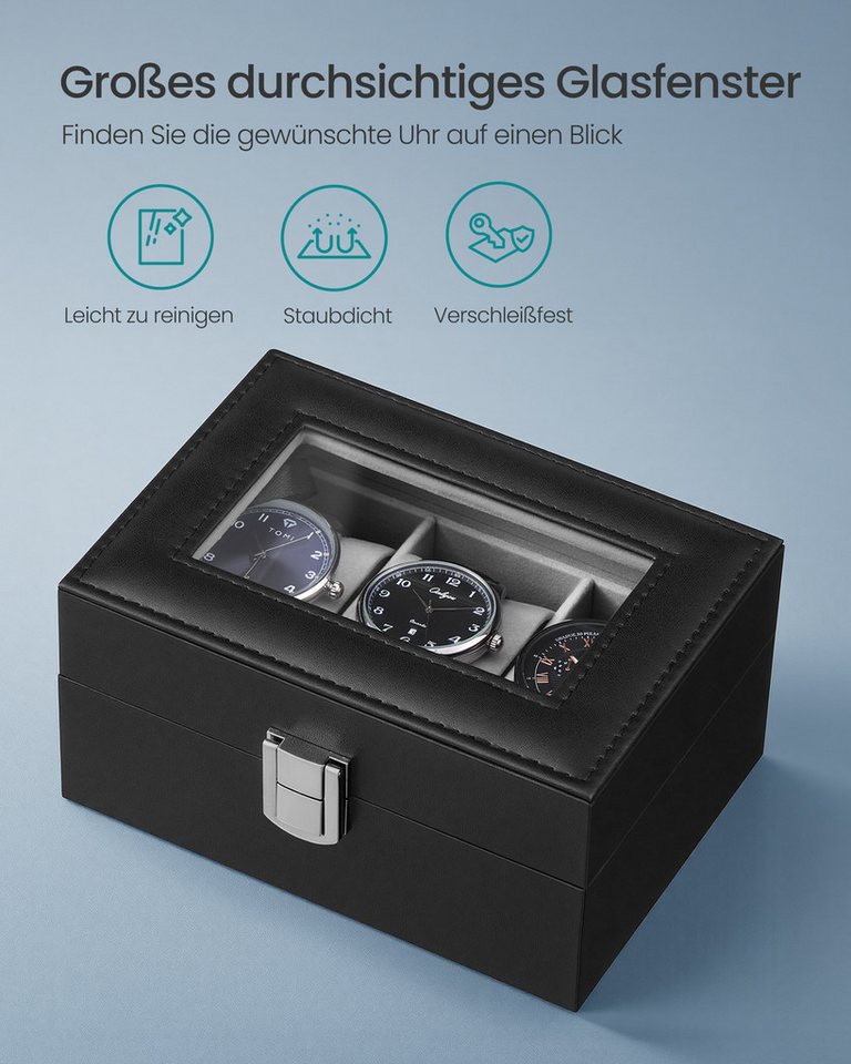 SONGMICS Uhrenbox Uhrenkasten, herausnehmbare Uhrenkissen, Geschenkidee, Glasdeckel, PU-Bezug, Samtfutter, 3 Fächern, 15,5 x 11 x 7,9 cm – Bild 5 von 5