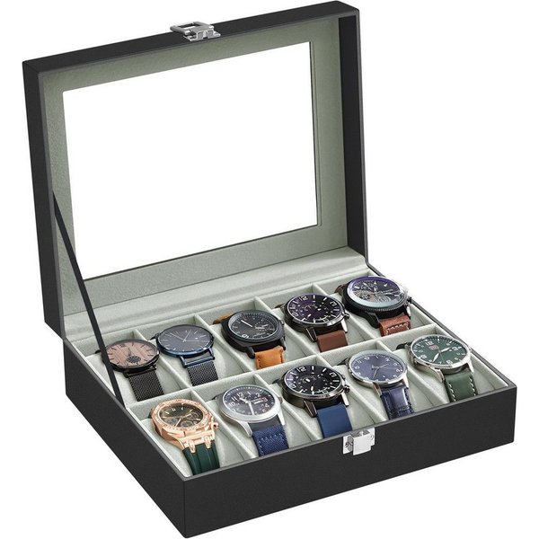 SONGMICS Uhrenbox Uhrenkasten, herausnehmbare Uhrenkissen, Geschenkidee,25,5x20,2x7,8 cm, mit 10 Fächern, Glasdeckel, Uhrenkoffer, Samtfutter in Grüngrau