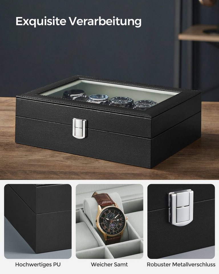 SONGMICS Uhrenbox Uhrenkasten, herausnehmbare Uhrenkissen, Geschenkidee,25,5x20,2x7,8 cm, mit 10 Fächern, Glasdeckel, Uhrenkoffer, Samtfutter in Grüngrau – Bild 2 von 5