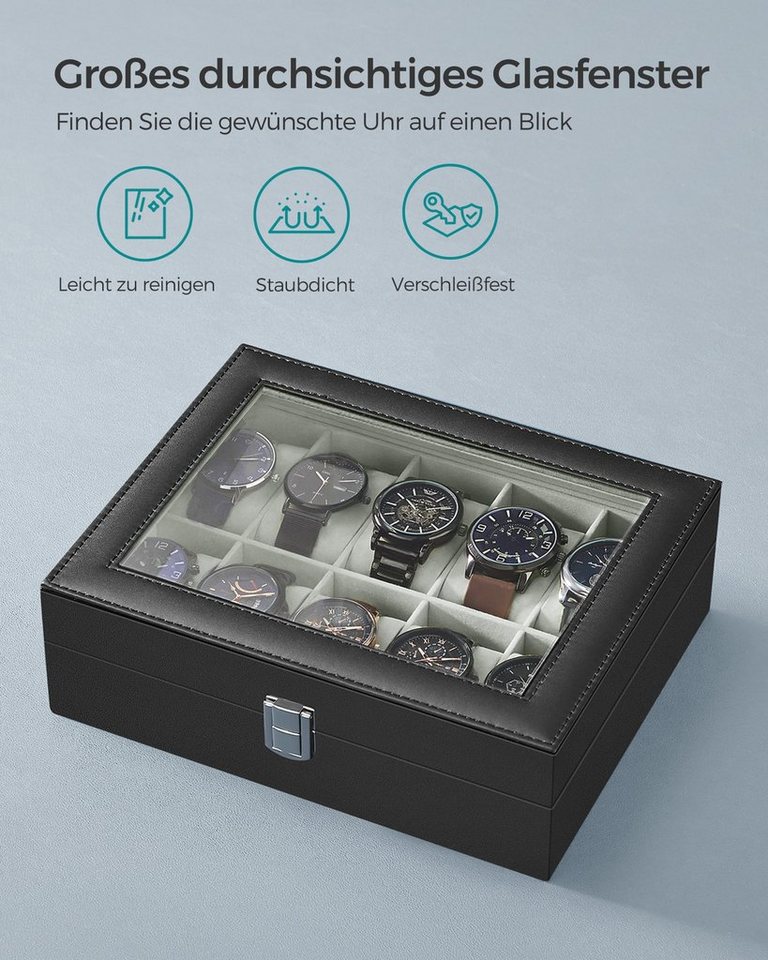 SONGMICS Uhrenbox Uhrenkasten, herausnehmbare Uhrenkissen, Geschenkidee,25,5x20,2x7,8 cm, mit 10 Fächern, Glasdeckel, Uhrenkoffer, Samtfutter in Grüngrau – Bild 3 von 5