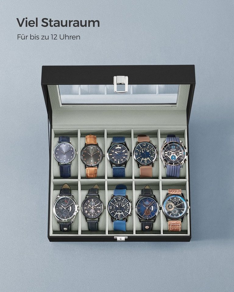 SONGMICS Uhrenbox Uhrenkasten, herausnehmbare Uhrenkissen, Geschenkidee,25,5x20,2x7,8 cm, mit 10 Fächern, Glasdeckel, Uhrenkoffer, Samtfutter in Grüngrau – Bild 4 von 5